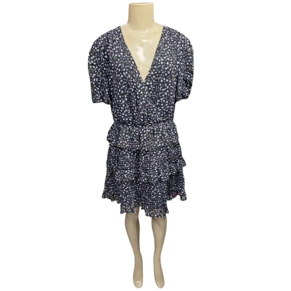 NWT AllSaints Ilia Pippa Black Printed V-Neck Ruffled Mini Dress US 4